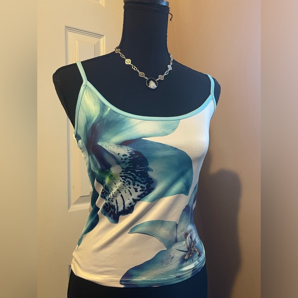Floral Print Spaghetti Strap Tank Top - Blue/White